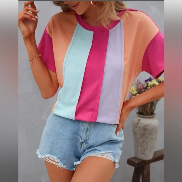 •ADORA•PASTEL COLOR BLOCK STRIPE RIBBED SHORT SLEEVE SHIRT. SIZE SMALL*like new* - Picture 3 of 9